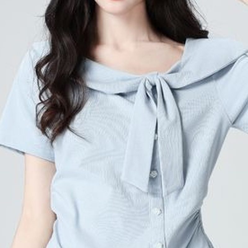 浅蓝色短袖衬衫 蝴蝶结领 细节图2