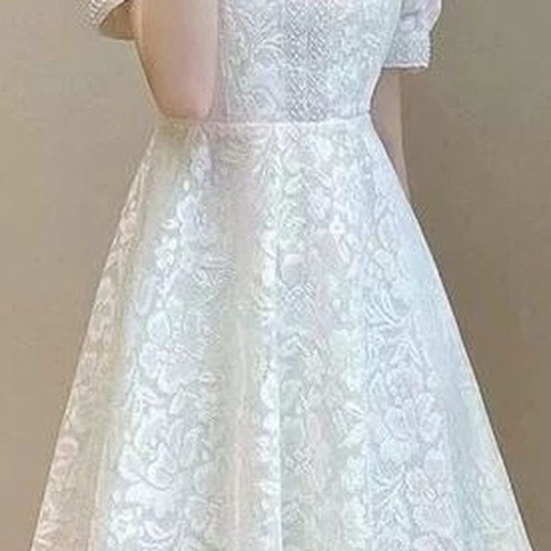 白色蕾丝V领短袖连衣裙 细节图2