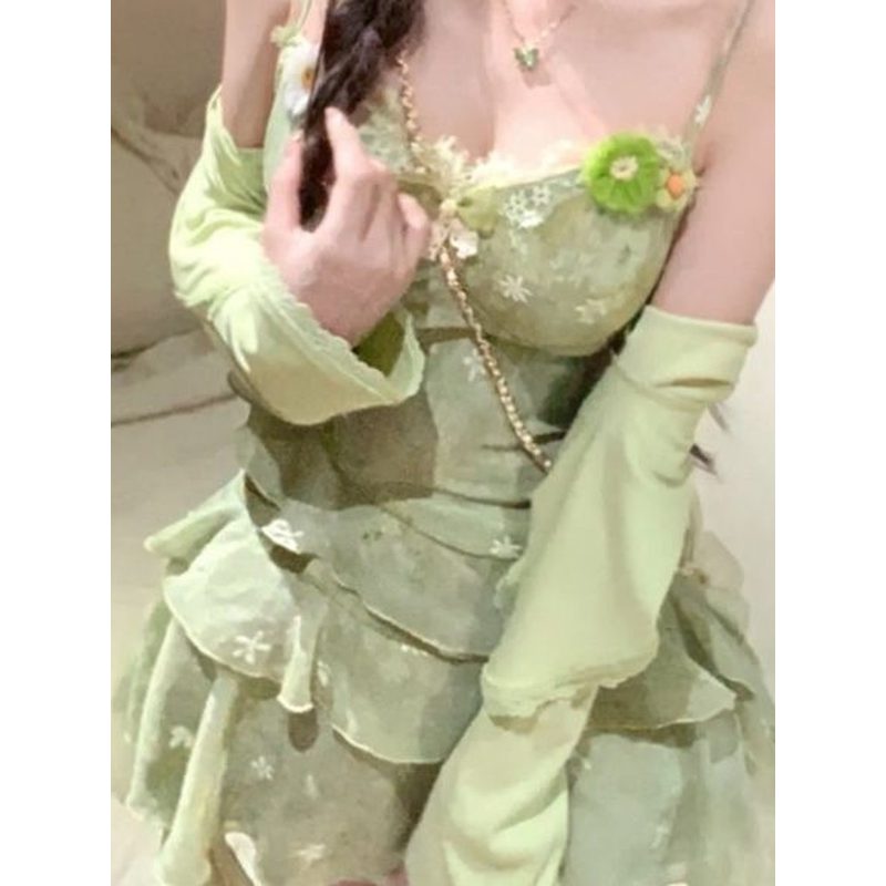 浅绿色碎花吊带层叠短裙 细节图1